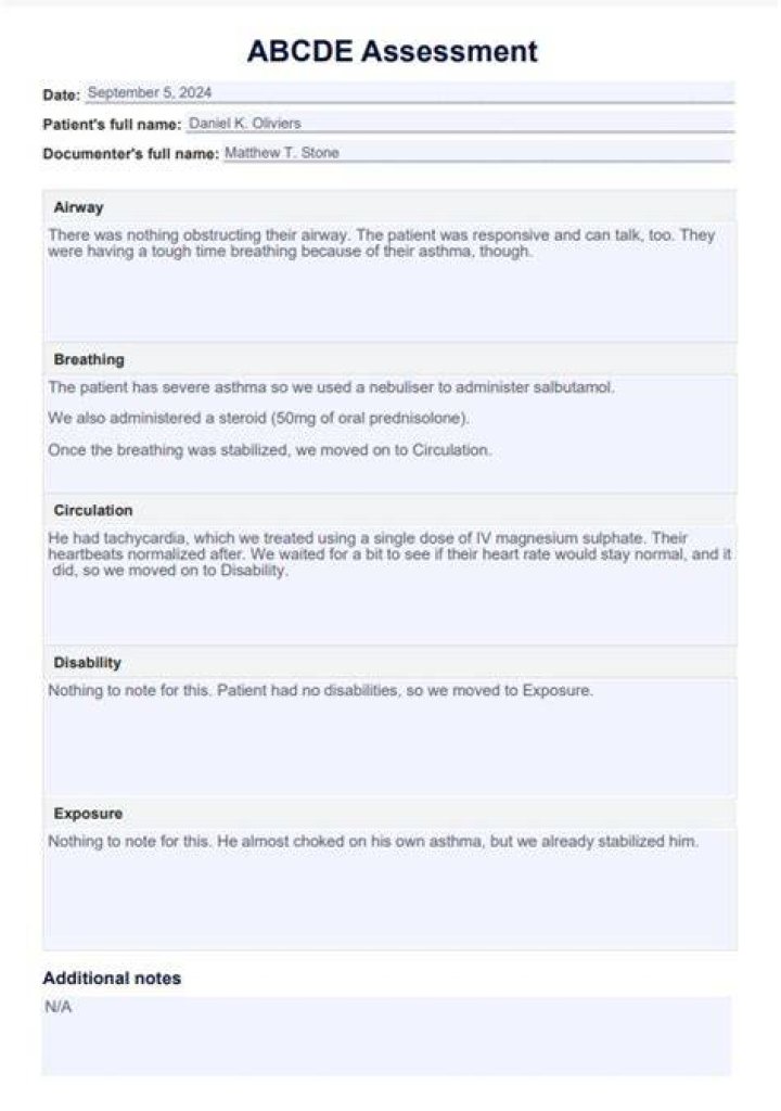 How do you document Abcde assessment